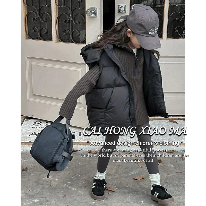 Girls Down Vest Coat New Children Stylish Solid Color Hooded Warm Sleeveless Coat Autumn Winter 2024 Korean Simple Style image 6
