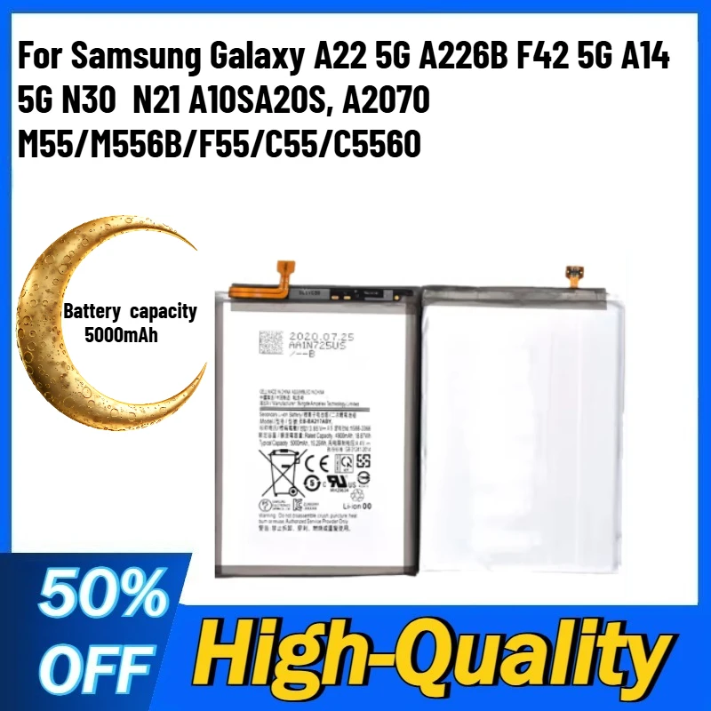 

High - quality 5000mAh Battery for Samsung Galaxy A22 5G A226B F42 5G A14 5G N30 N21 A10SA20S, A2070 M55/M556B/F55/C55/C5560