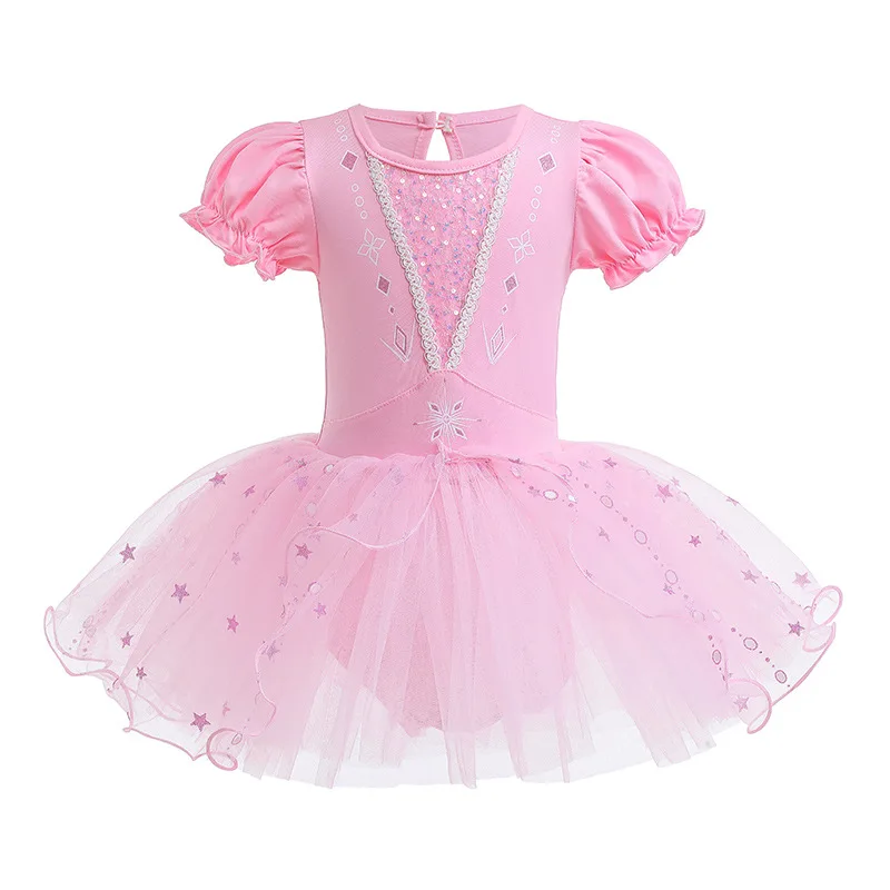 New Summer Kids Girl Ballet Dance  Dress Short Sleeved O-neck Puff Sleeves Mesh Pentagram Children\'s Day Skirt K2304