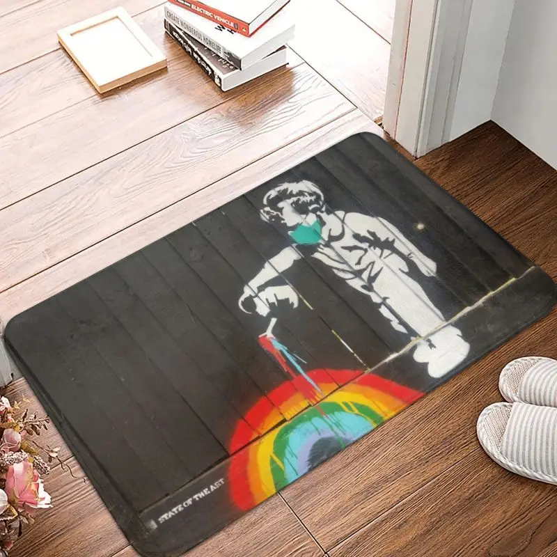 Banksy Rainbow Doormat Non-Slip Kitchen Bath Mat Bedroom Balcony Door Floor Entrance Carpet Rug