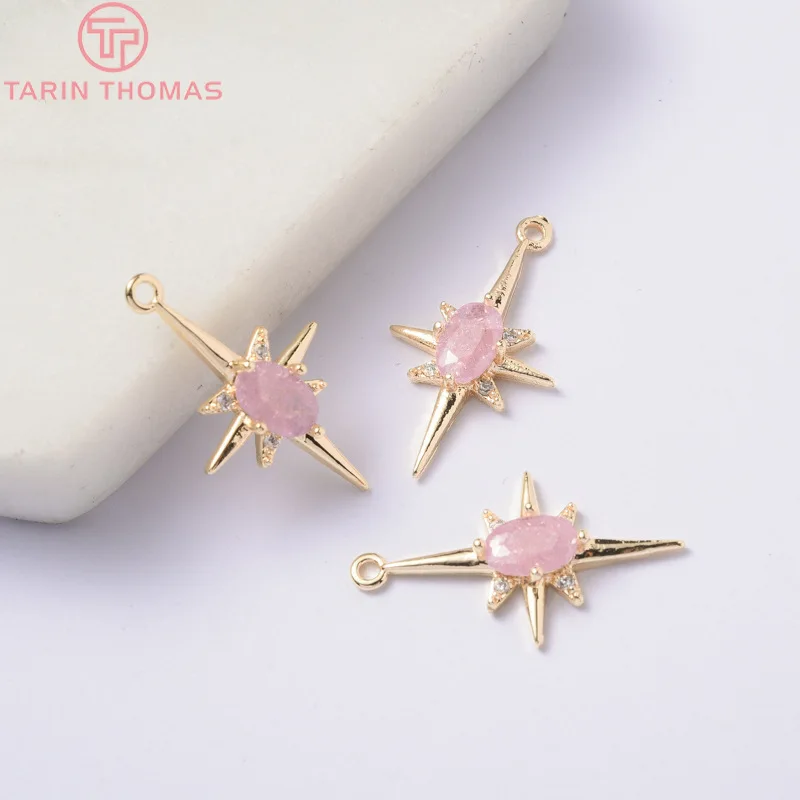 (1133)4PCS 24K Gold Color Plated Brass with Zircon explosion Six-star Charms Pendants High Quality Jewelry Accessories Wholesale