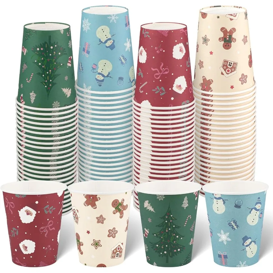 

100 упаковок рождественских бумажных стаканчиков на 9 унций, одноразовые бумажные стаканчики для вечеринок с милым дизайном Санта-Клауса и снеговика для горячего и холодного чая Dr