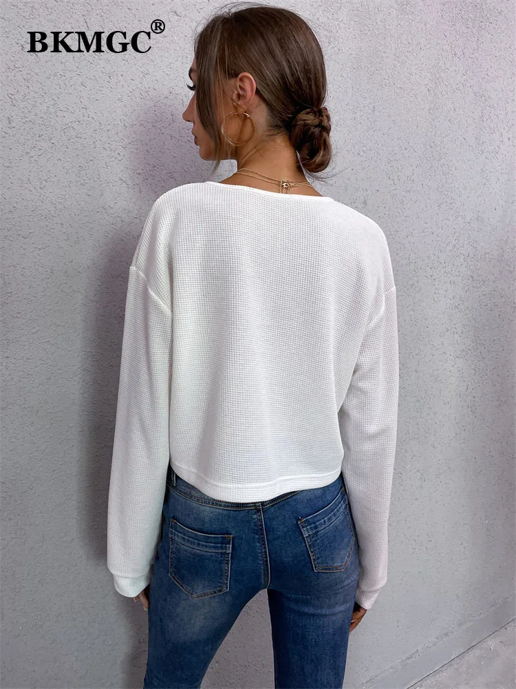 BKMGC White T Shirt Autumn Loose Fitting Waffle Knit Long Sleeve V-neck Button Tops Women 2022 Summer T-shirt Female 2188