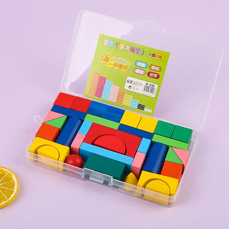 34 PCS  Wooden Pattern Blocks Set Children's Geometric Toys Shape Puzzle Tangram Toys Kindergarten Classic Educational for Kids