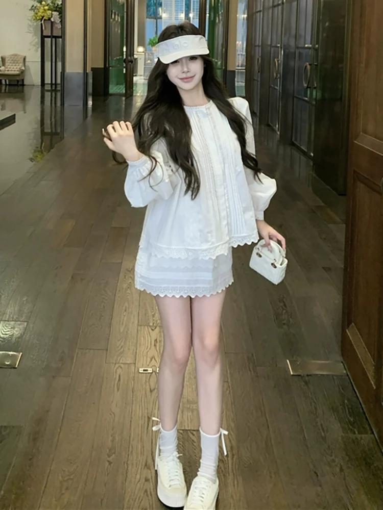 RORORIRI Camicia a punto con finiture in pizzo Gonna Donna Set da 2 pezzi Camicetta a maniche lunghe a pieghe Top Minigonna a trapezio Abiti coreani per le vacanze