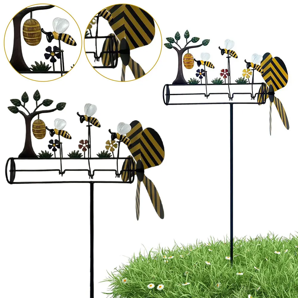 Lovely Bee Whirligig 3D Wind Powered Kinetic Sculpture Garden Windmill Toy Lawn Pinwheels for Garden Yard Lawn Decoration