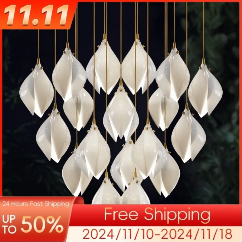 Modern Magnolia staircase long pendant light, living room, dining room, bedroom, bedside ceramic LED adjustable pendant light