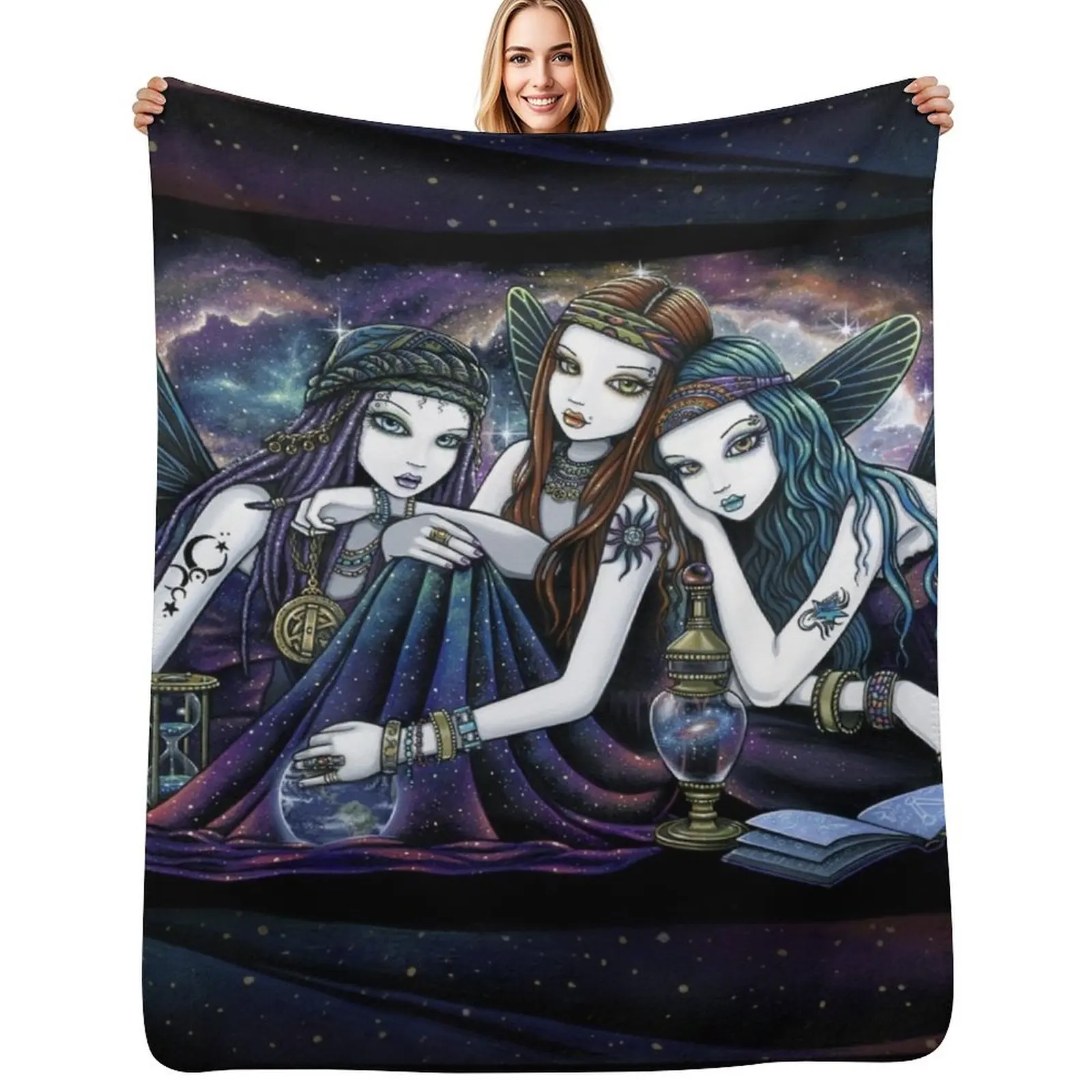 

The Seraphina Bohemian Celestial Sisters Nebula Fairies Throw Blanket Loose For Baby Plaid on the sofa Picnic Blankets