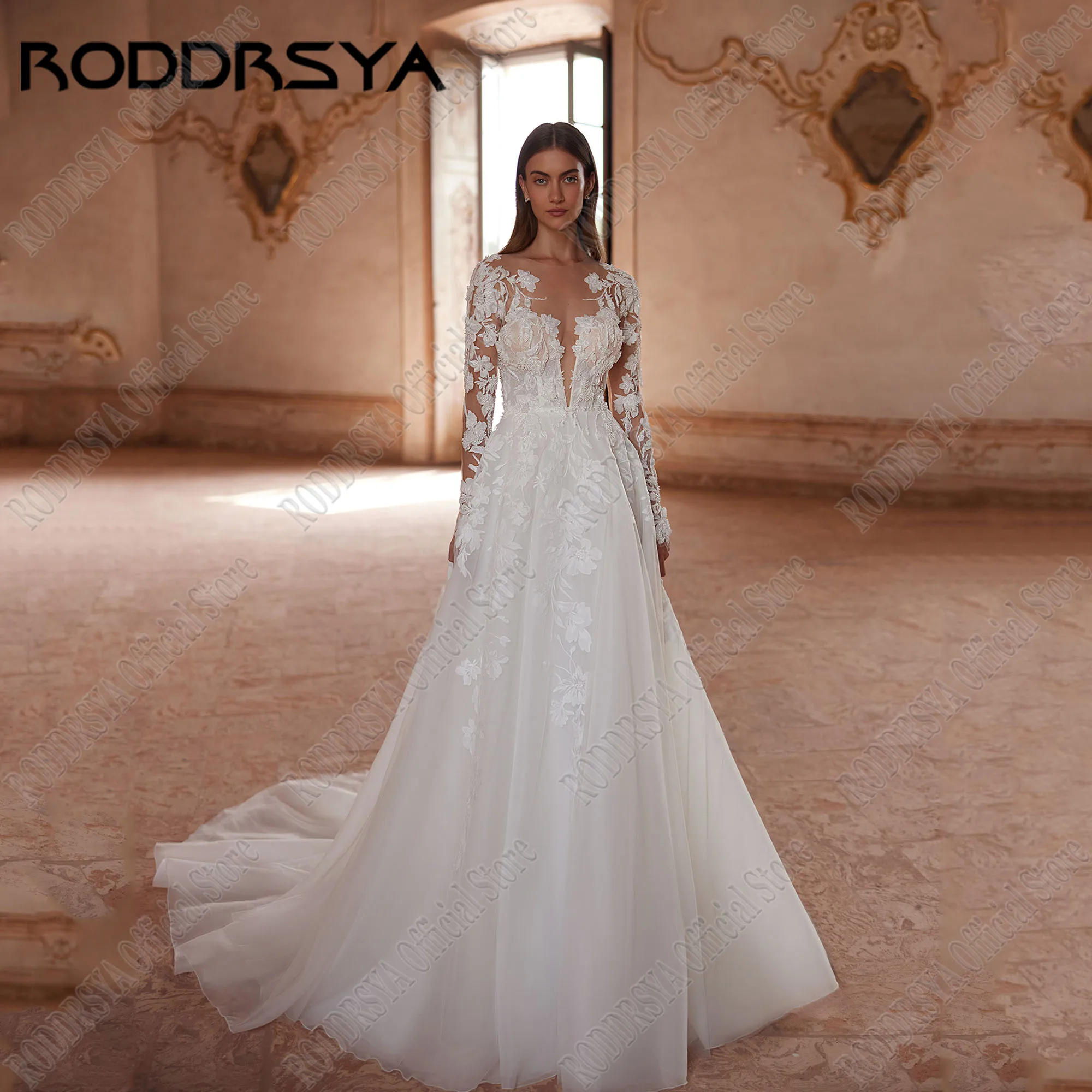 

RODDRSYA Customized Luxury Beading Vestidos De Novia O Neck Long Sleeve A Line Lace Wedding Dresses Applique Vestido De Noiva