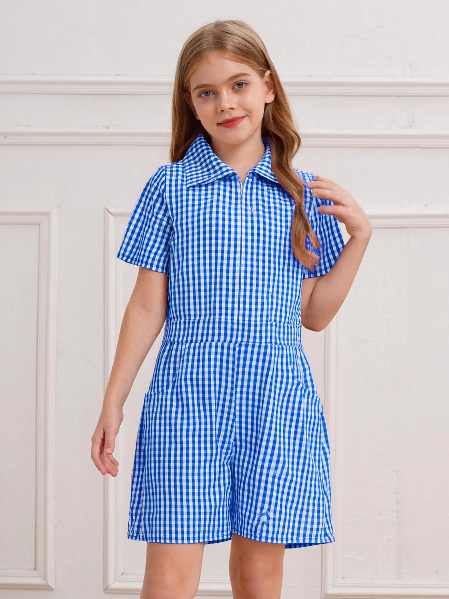 

Children's Fashion Clothing School Uniform Casual Playsuit Girls Birthday Party Clothing Plaid Short Sleeve Jumpsuit with Pocket