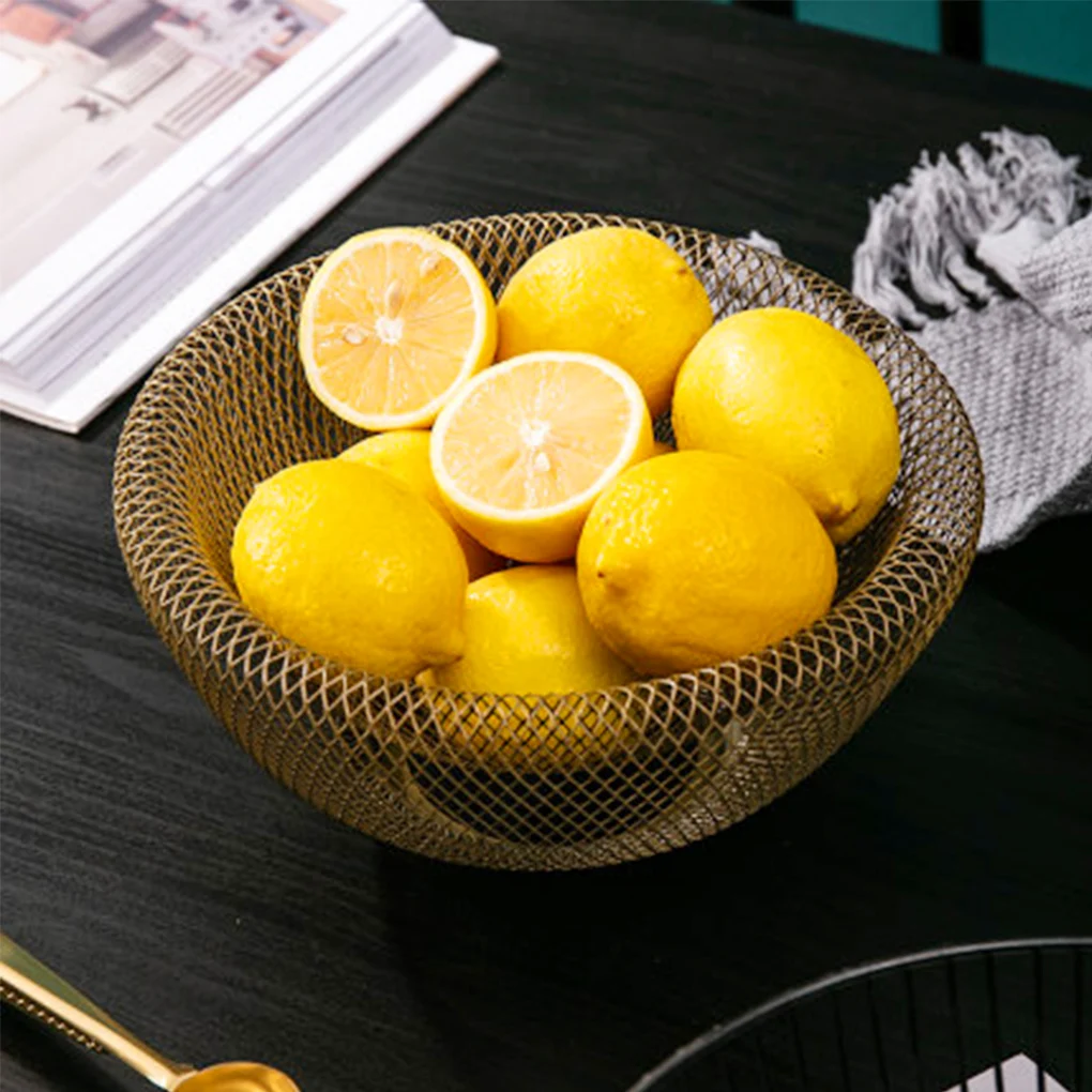 Double Wall Mesh Decorative Fruit Basket Metal Mesh Snack Bowl Centerpiece Kitchen Holder - Gold