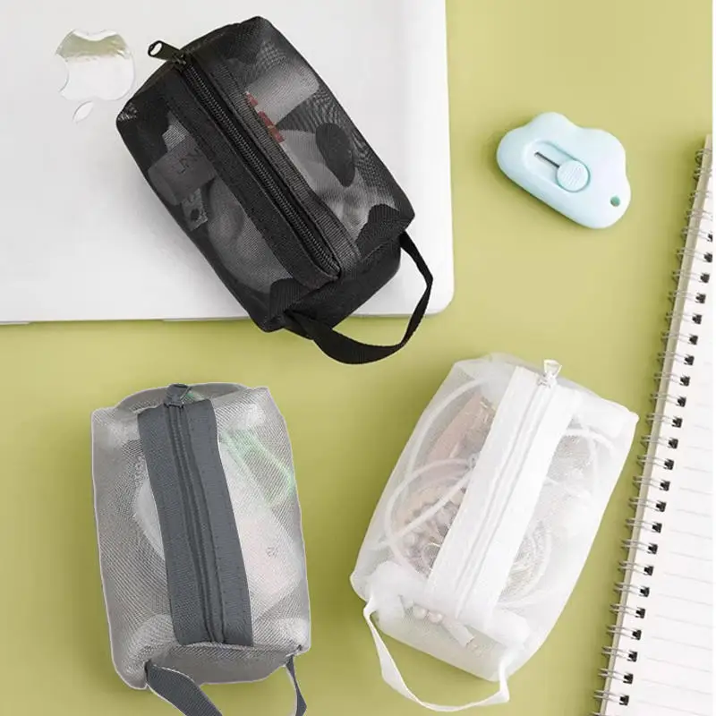 

Mesh Cosmetic Bag 2025 Portable Travel Toiletry Bag Black Makeup Pouch Data Cable Zipper Storage Bag Women Beauty Organizer