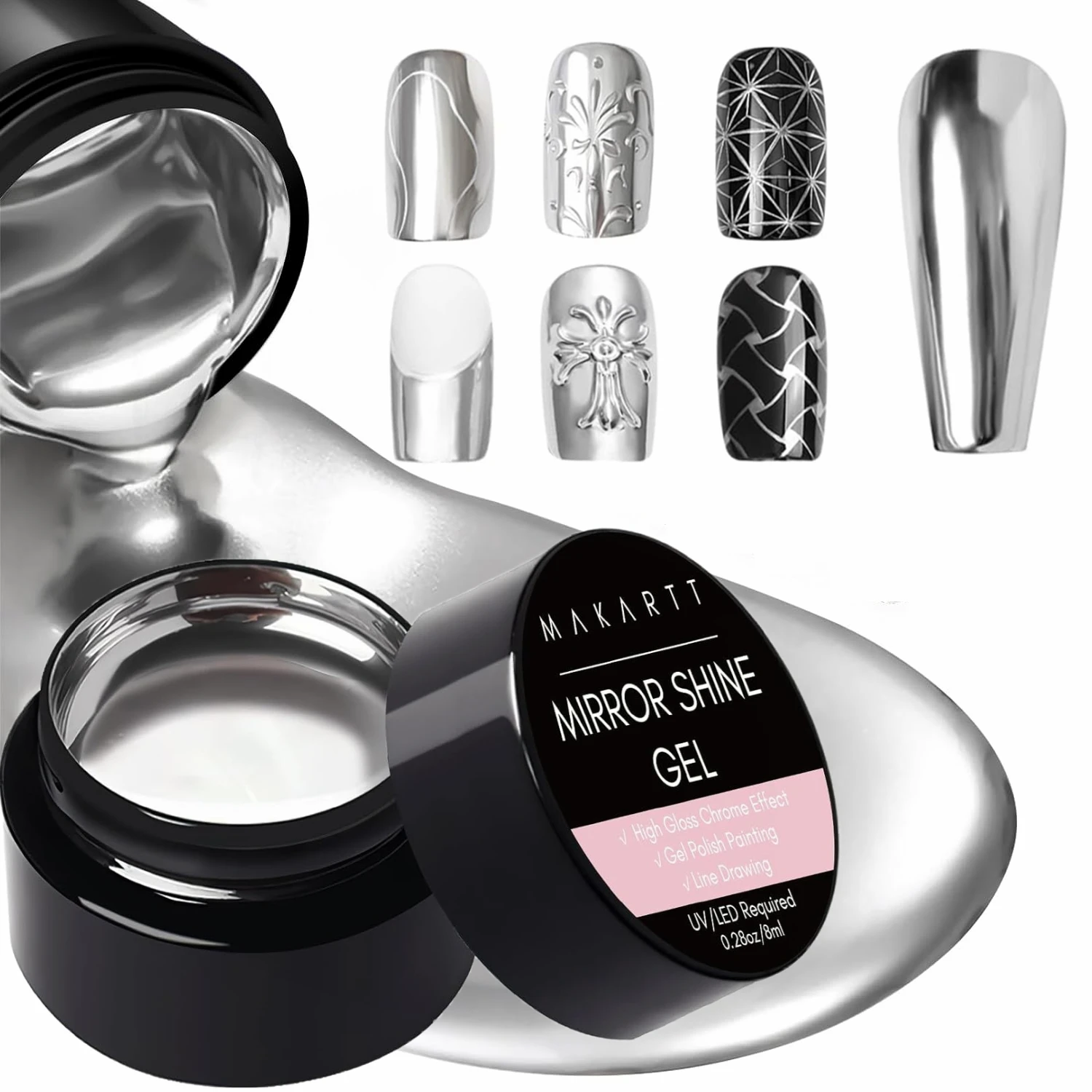 8ML Silver Chrome Metallic Nail Polish Gel with Brush,Metal Mirror Nails Effect, Reflective Metal Painting Gel, High Glossy