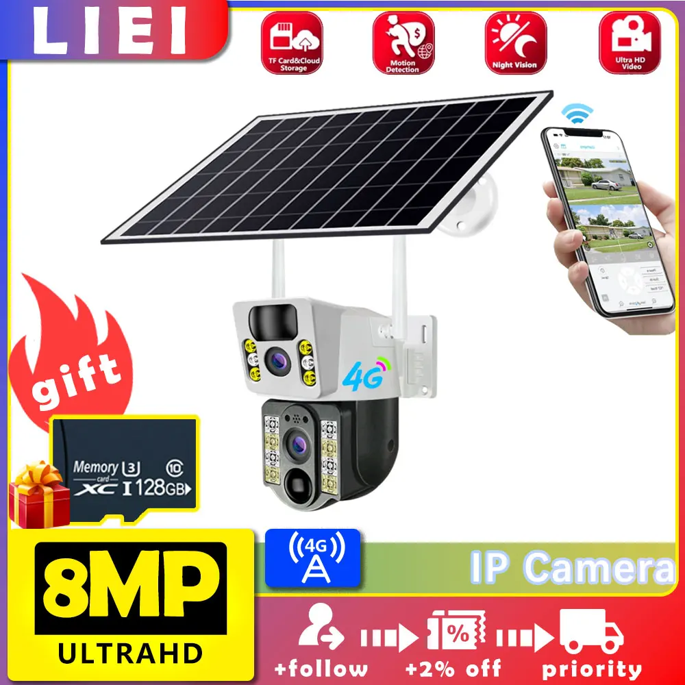 

LIEI 4G 8MP 4K Wireless Solar Camera Outdoor Dual Lens Wifi IP Camera PIR Night Vision V380 Pro CCTV Security Protection Monitor