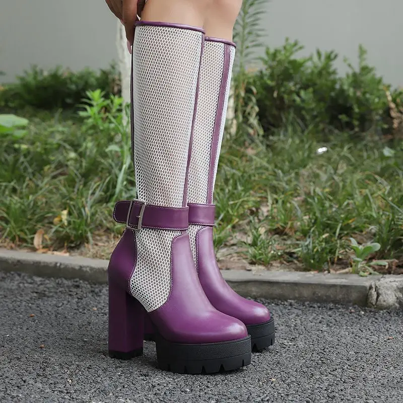 

ORCHA LISA 2026 Women's Knee-High Boots Cutout Mesh Round Toe 11cm Chunky Heels 3cm Platform Zipper Dating Bota Big Sizes 45-48