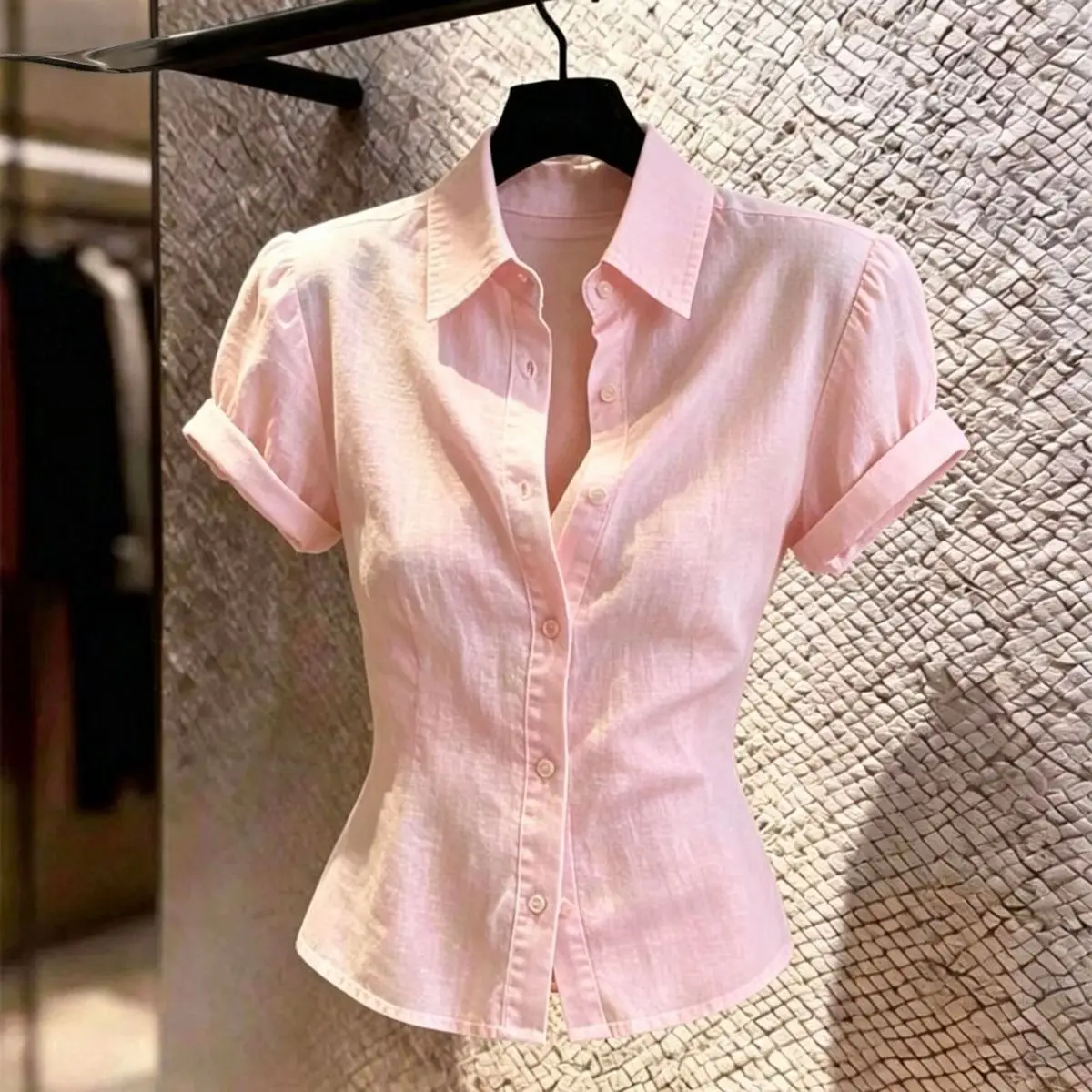 

Korean Style Women's Pink Sun Protection Short Sleeve Shirt Thin Commute Summer Elegant Versatile Thin Top Quality Fashion