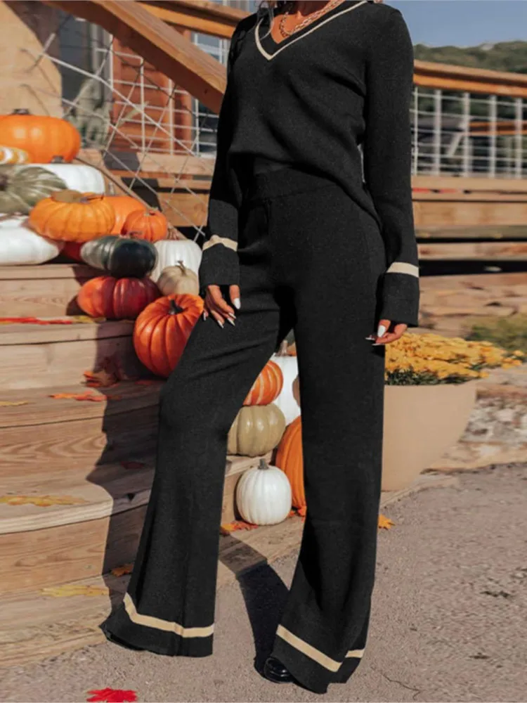 بدلة نسائية ذات ألوان متباينة مشذبة بدلة نسائية مكونة من قطعتين طقم ملابس مريحة وبسيطة ملابس منزلية دافئة #1