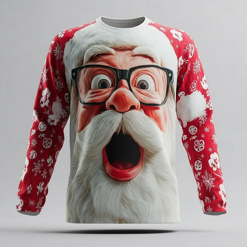 2025 Christmas Men's 3D Printed Santa Claus Long Sleeve T-Shirts, Crew Neck Tees Trendy Street Style Autumn Winter Casual Tops