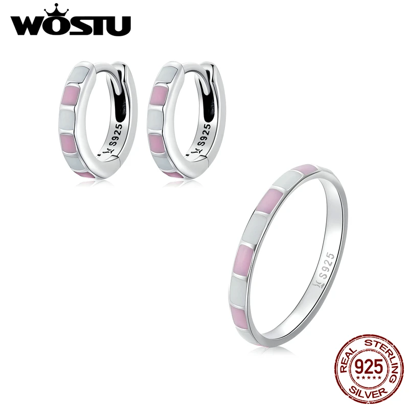 WOSTU 925 Sterling Silver Simple Contrast Color Pink White Rings Stud Earrings Geometric Jewelry Set For Women s925 Silver Gift