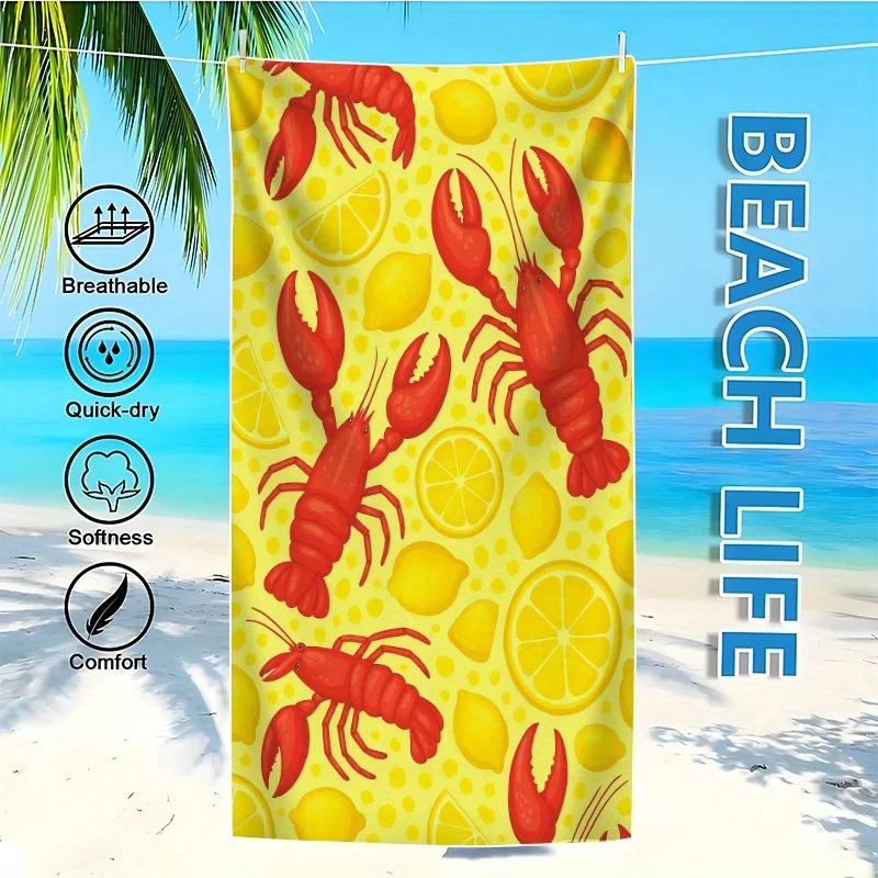 1pc Lobster Lemon Pattern Beach Towel High Water Absorption Quick Drying Soft Lightweight Perfect for Yoga Swimming Camping