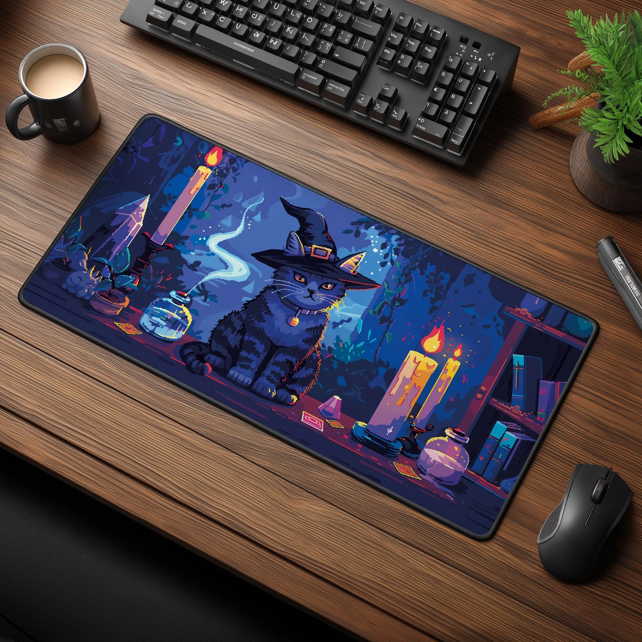 Pixel Art Witch Cat Desk Mat Desktop Decor Mouse Pad Pc Accessories Gaming Computer Desk Interior Office Aesthetic Mousepad