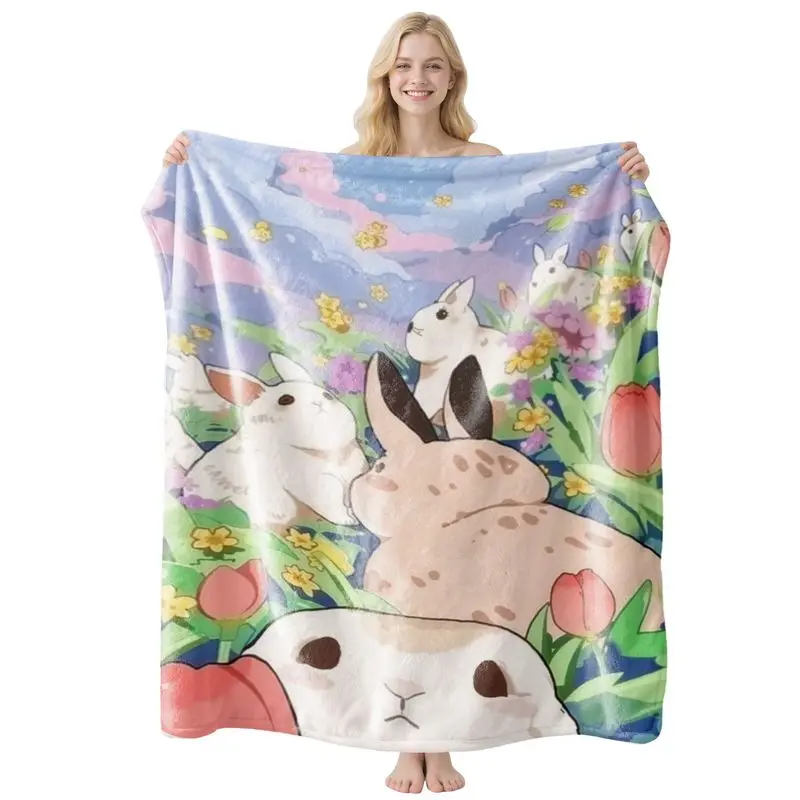 VIKAMA Anime Panda Girl Flannel Throw Blanket Pastel Butterfly Floral Print Soft Warm Teen Bedroom Sofa Home Decor