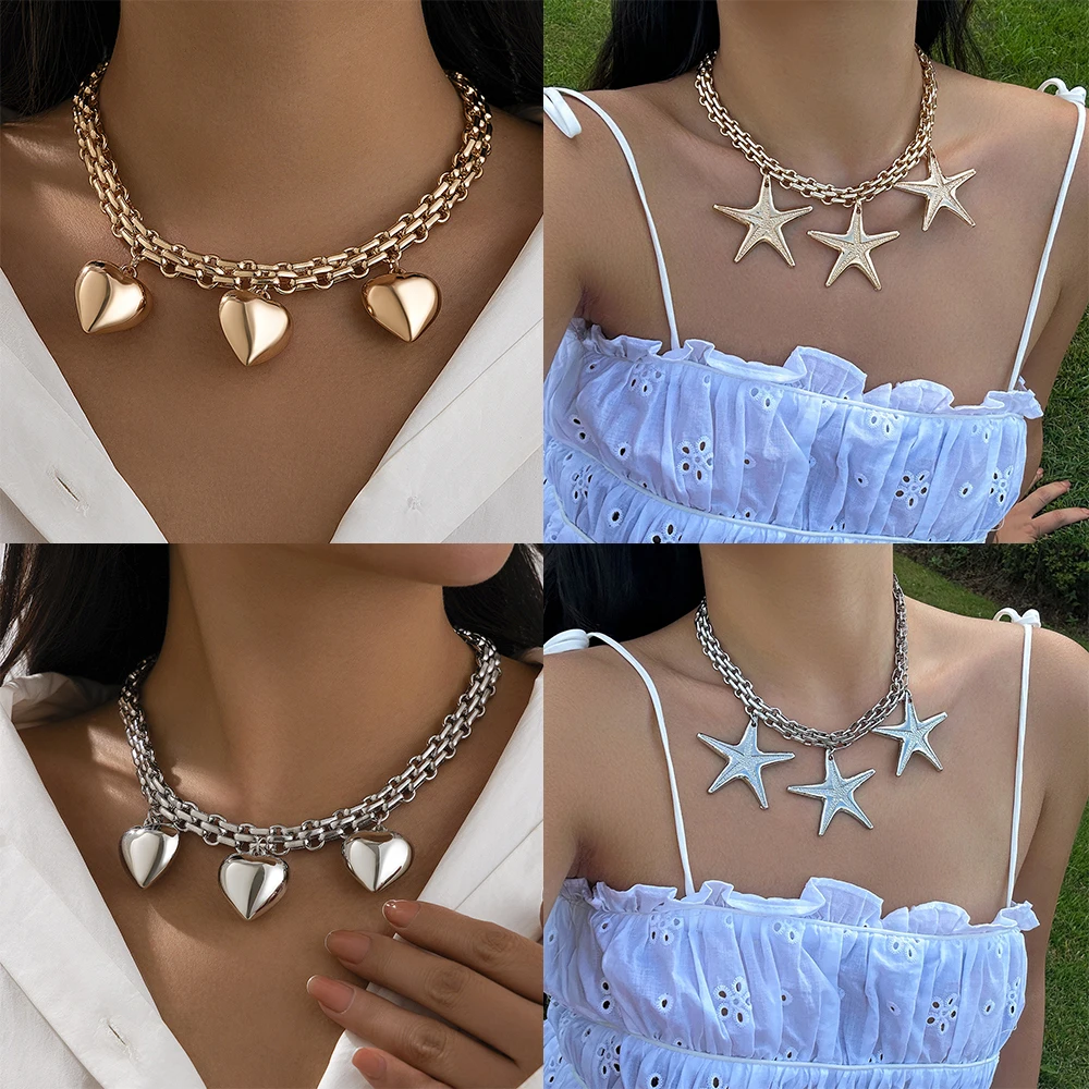 

Hollow Heart-shaped Pentagram Star Double Row Customized Necklaces for Women Light Luxury Fashion Beach Party Fashion Jewelry