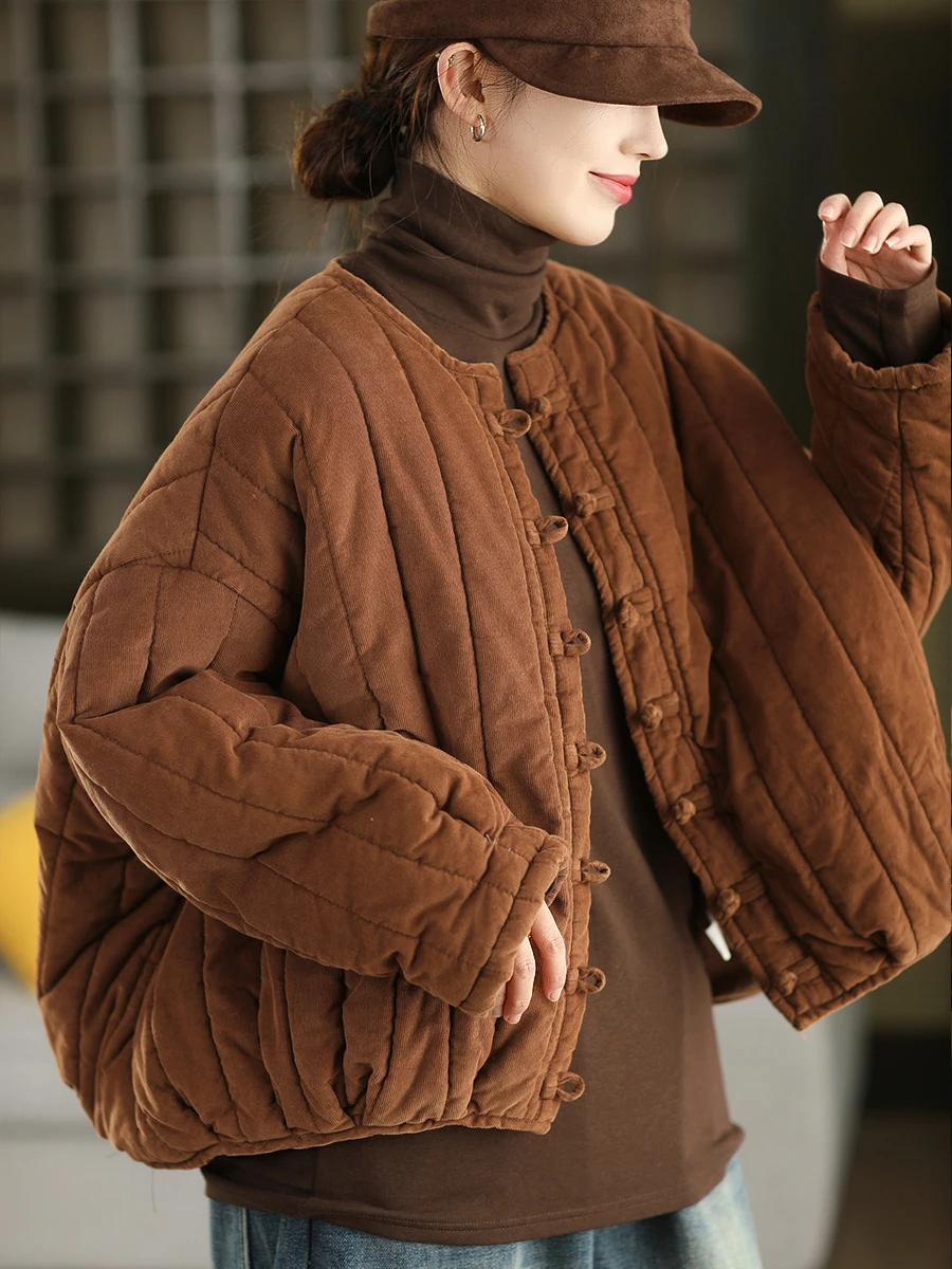 100% хлопок, женские повседневные стеганые пальто, новинка 2025 года, зима, винтажный стиль, с круглым вырезом, однотонные свободные женские толстые теплые куртки M2099