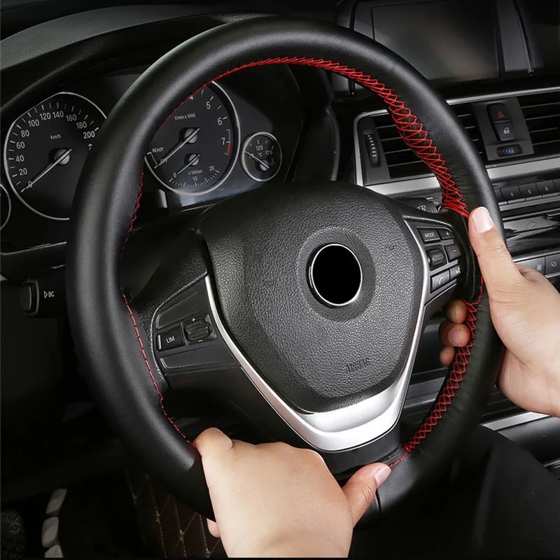 38cm 15inch Car Steering Wheel Cover Nappa Top Layer Cowhide Genuine Leather Wheel Braid Cover Hand-stitched Soft Car Products