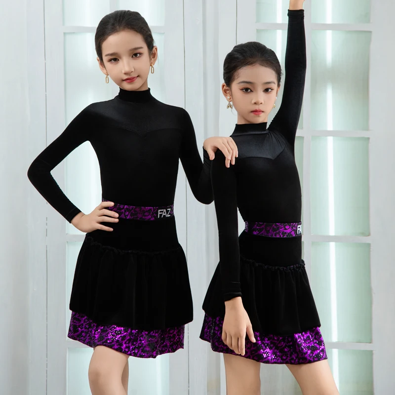 ชุดแสดงเต้นลาตินใหม่ปี 2025 สำหรับเด็กผู้หญิง แขนยาว กระโปรงผ่า ชุดชาช่า รุมบ้า แทงโก้ ชุดลาติน XH3800