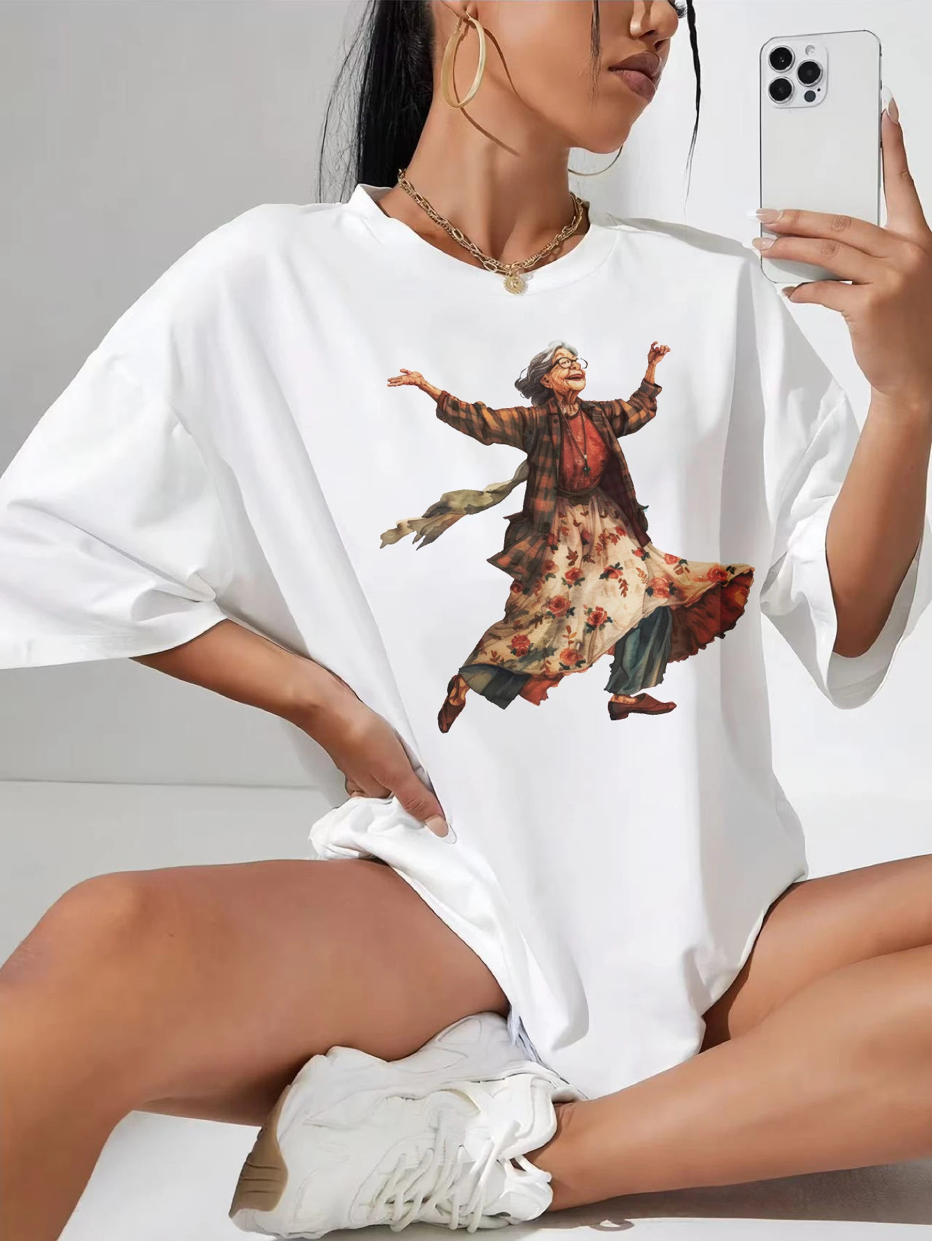 

Quirky-Whimsical-Crazy-Grandma-Clipart White Women's Round Neck Tee Comfortable Fit Perfect for Maternity Summer Relaxation