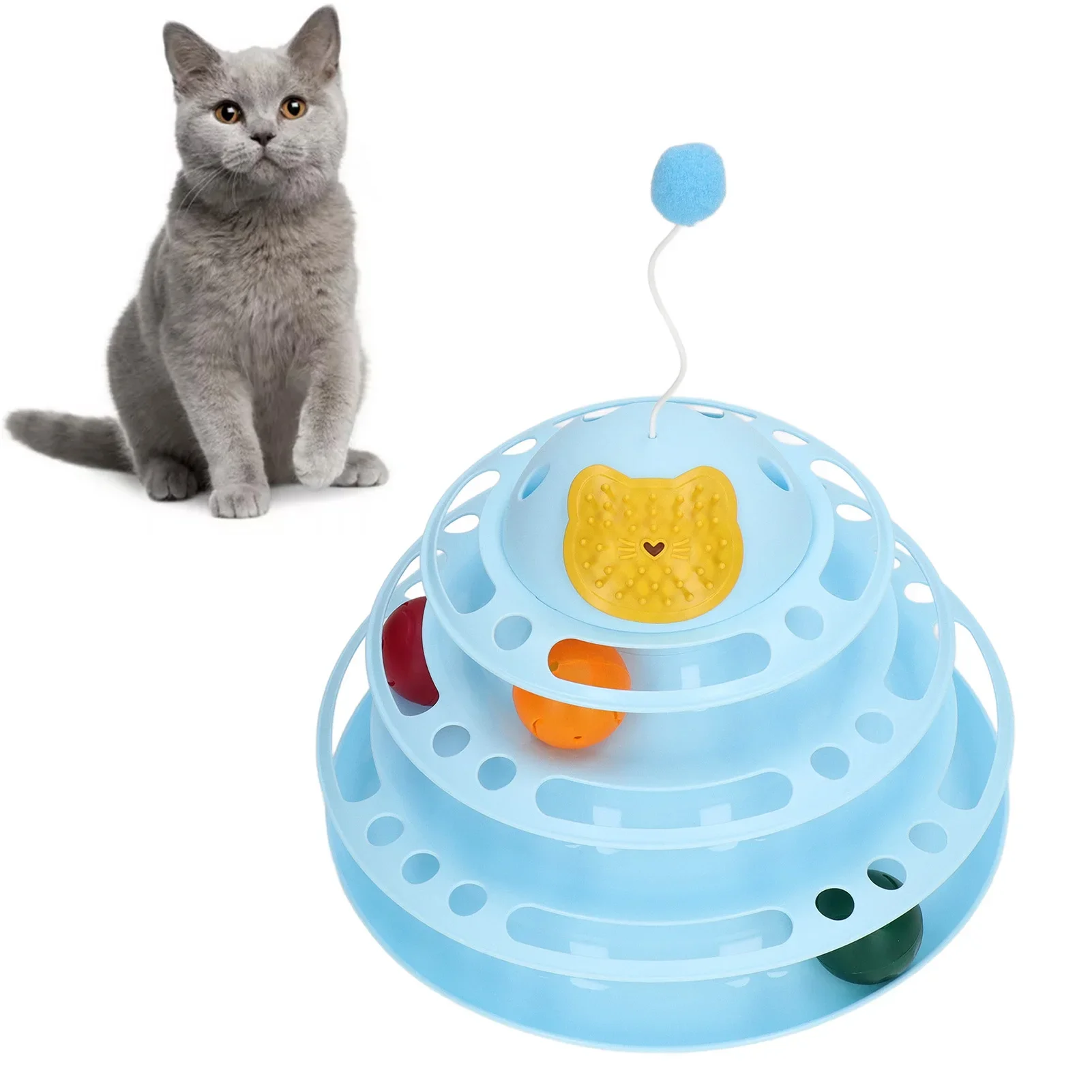 Cat Turntable Ball Toy 4 Level Detachable Interactive Durable Kitten Tower Roller Toy With Plush Ball Blue Cats Pet Products