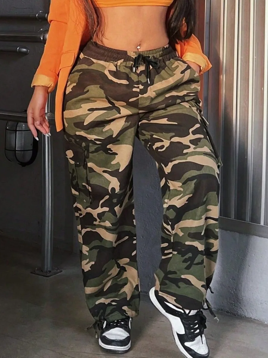 

LW Camo Print Drawstring Cargo Pants Retro High Street Casual Overalls Camouflage Loose Wide Leg Pants For Women Trousers