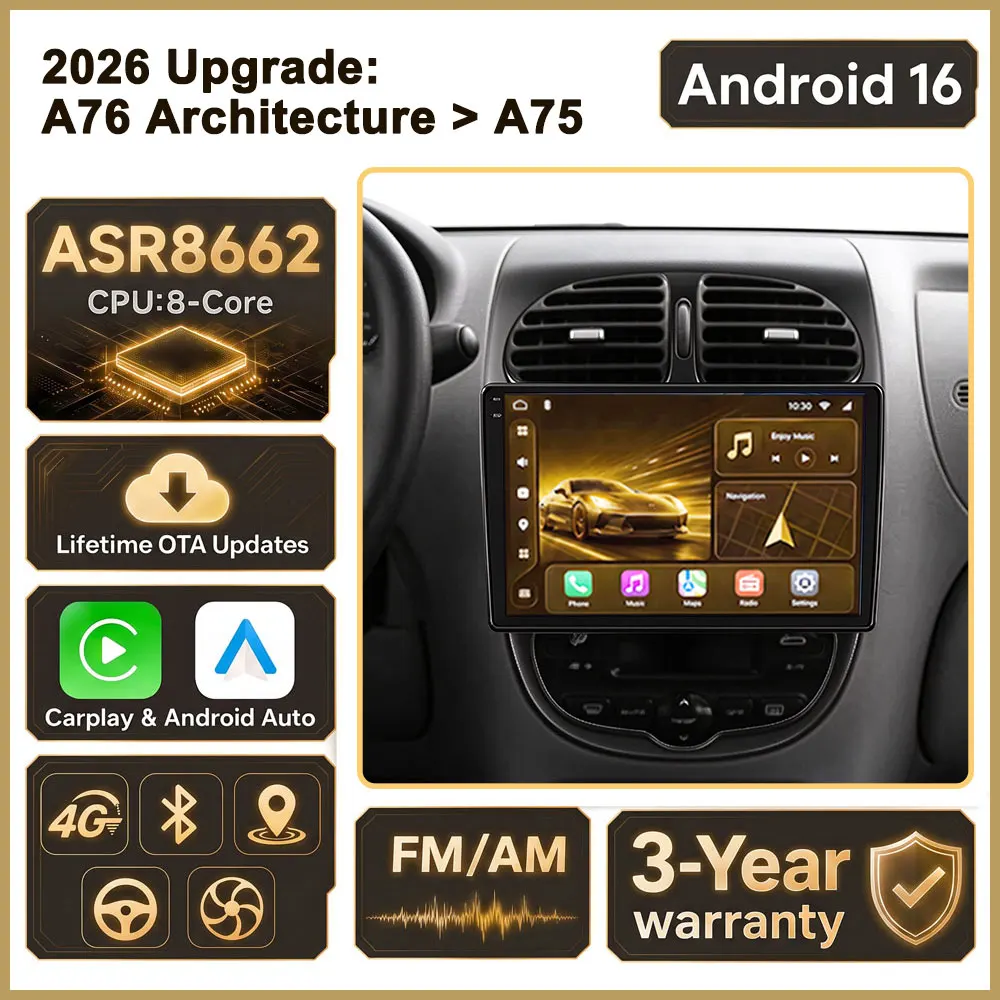Cortex-A76 Octa-Core Android 16 For Peugeot 206 206CC 206SW 2001 - 2008 Car Radio GPS Multimedia Player Dash Cam Car Stereo Wifi