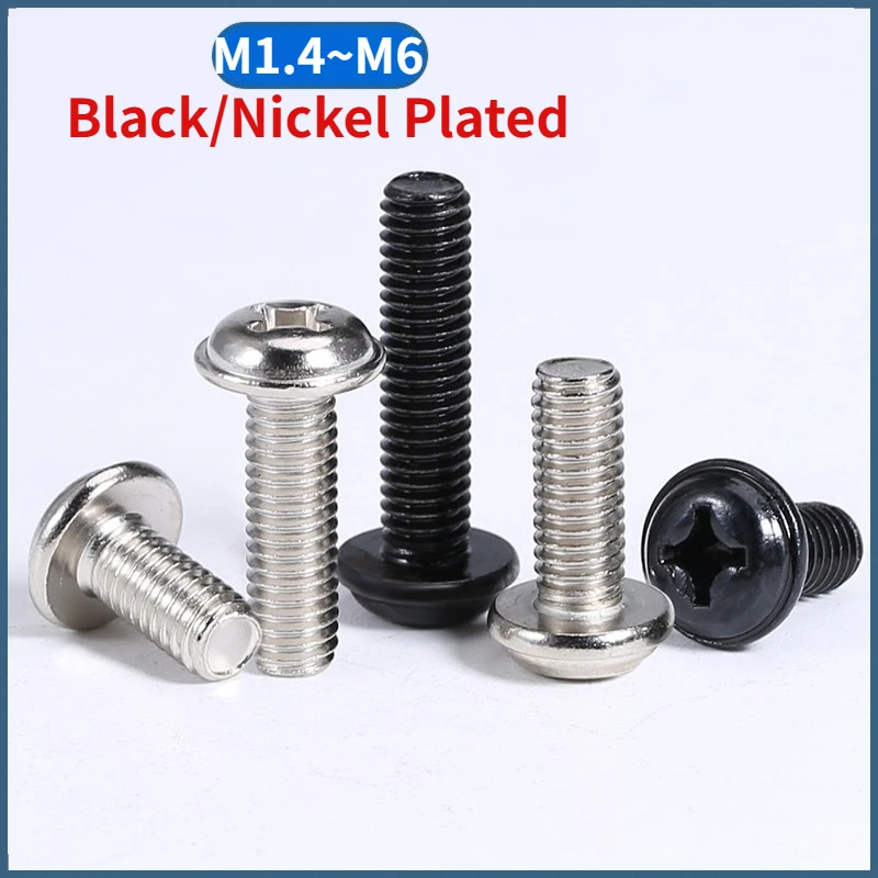 M1.4 - M6 Black Zinc / Nickel Plated Carbon Steel Cross Phillips Pan Round Head With Washer Padded Collar Screw Bolt