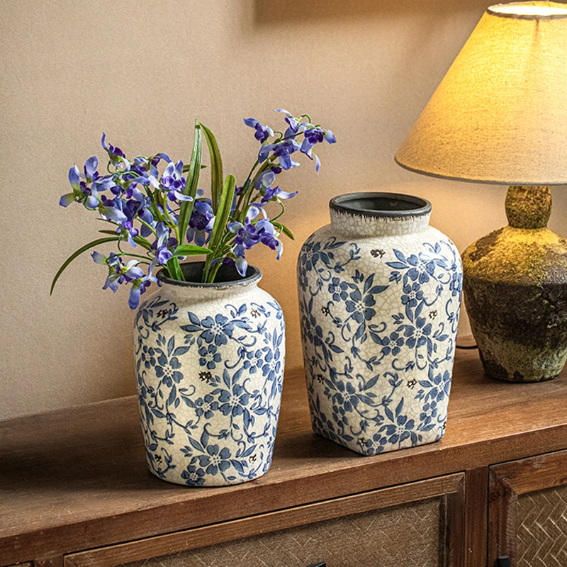 

Blue and white porcelain retro ice crack ceramic vase housewarming study Chinese decoration