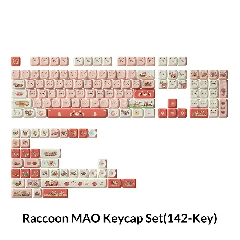 Akko Raccoon MAO 142 키 키캡, PBT 염료 서브 풀 SP 키캡 세트, 기계식 키보드, 맞춤형 귀여운 고양이 귀 테마