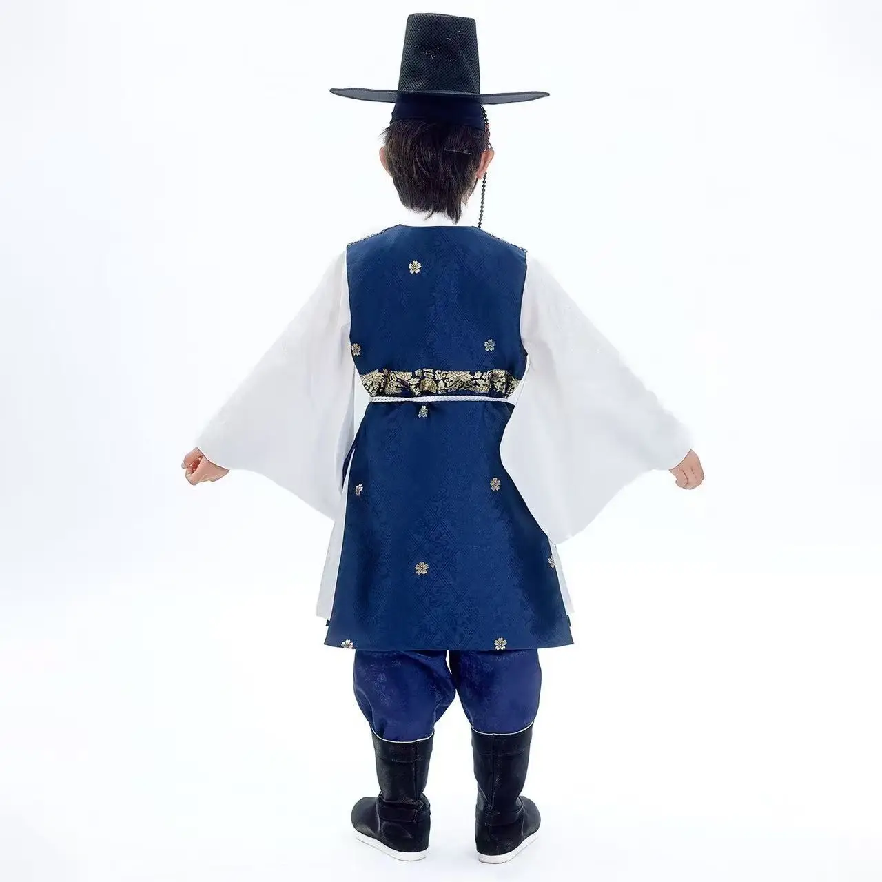 Boys Blue Hanbok Traditional Korean Sleeveless Dark Pattern Long Robe Halloween Party Stage Performance Suit Kids Dragon Hanboks