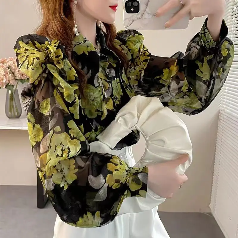 2023 Spring Autumn Women's Clothing Turn-Down Collar Puff Sleep Patchwork Printing Button Loose Fashion Long Sleeve Blouses