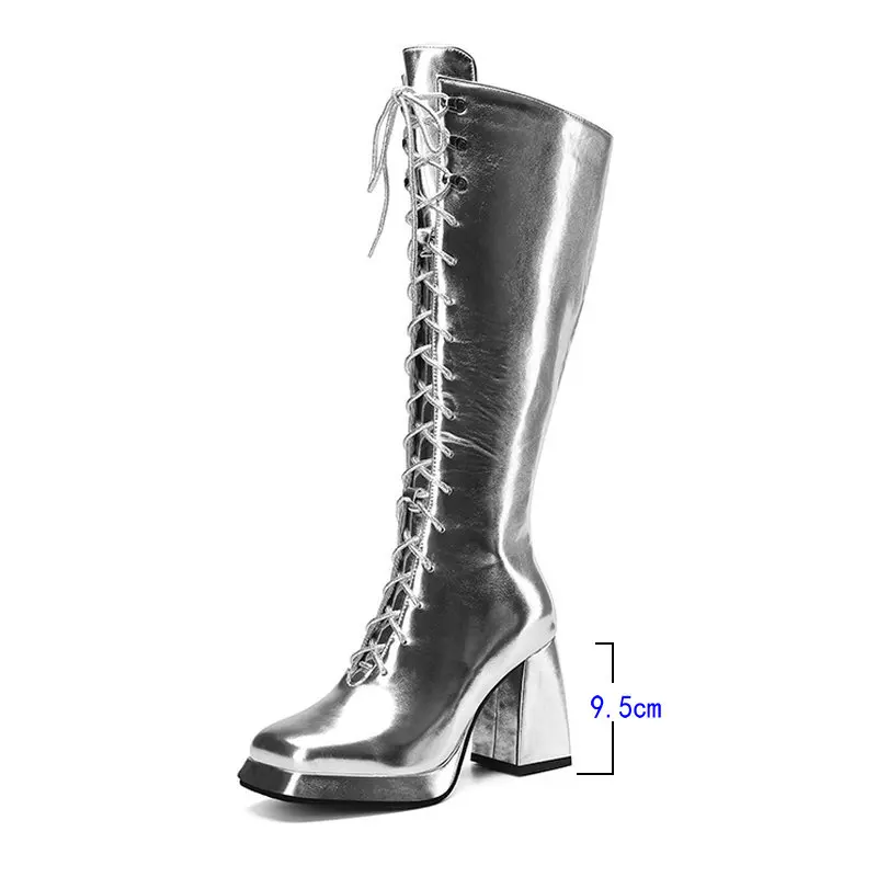 Gold Silver 2024 Women Knee High Boots Platform Thick High Heel Ladies Calf Boots PU Leather Square Toe Cross Tied Women\'s Boots