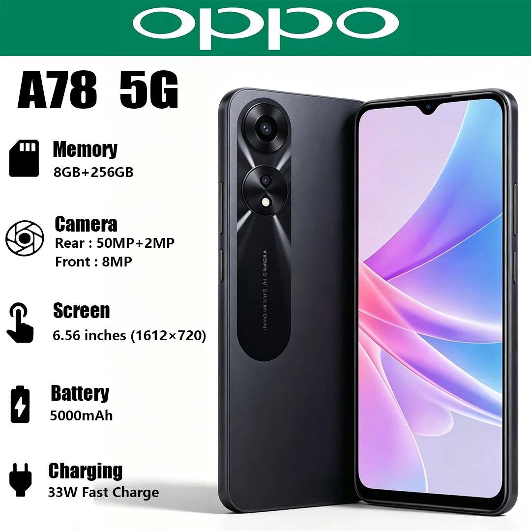 New OPPO A78 5G Global Version Mobile Phone 6.56" 90Hz Big Screen 5000mAh Battery 33W Fast Charge Dual-SIM Affordable Smartphone