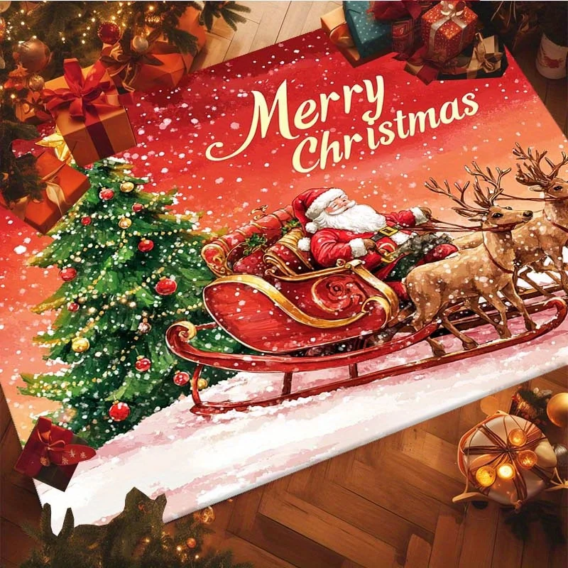 VIKAMA Merry Christmas Large Rug,Anti‑Slip Indoor Mat,Santa Reindeer Sleigh Carpet for Bedroom Festival Home Decoration Rug