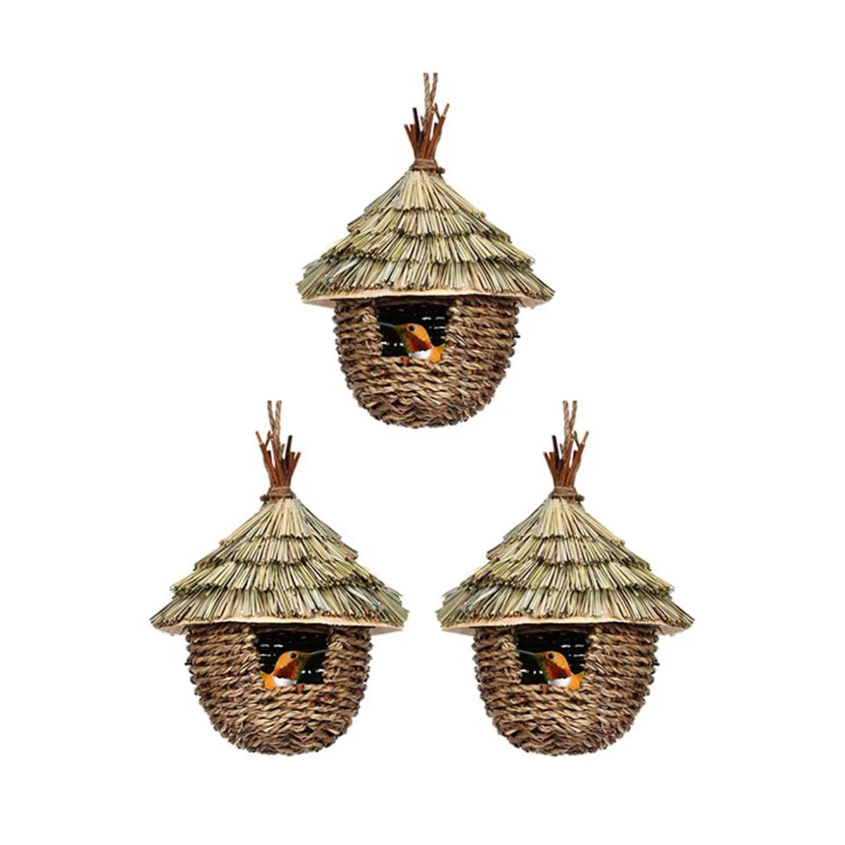 Bird House,3Pcs Hand Woven Hanging Humming Bird House for Nesting,Natural Grass Bird Nest for Garden,Patio