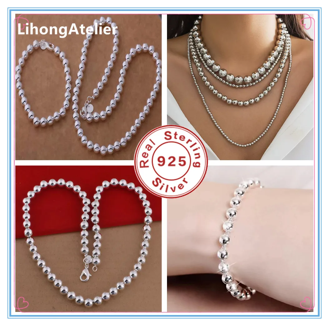 

925 Sterling Silver Bracelet and Necklace Set with 6mm Polished Beads for Women and Men, Weddings, Party Gifts