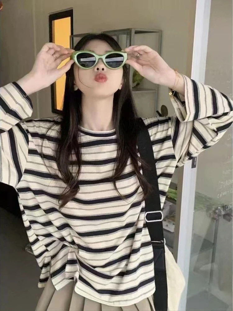 Women Long Sleeve Striped T Shirt Korean Campus Fashion Autumn Loose Slimming Top Casual Oversized Tee Trendy Blouse for Girls
