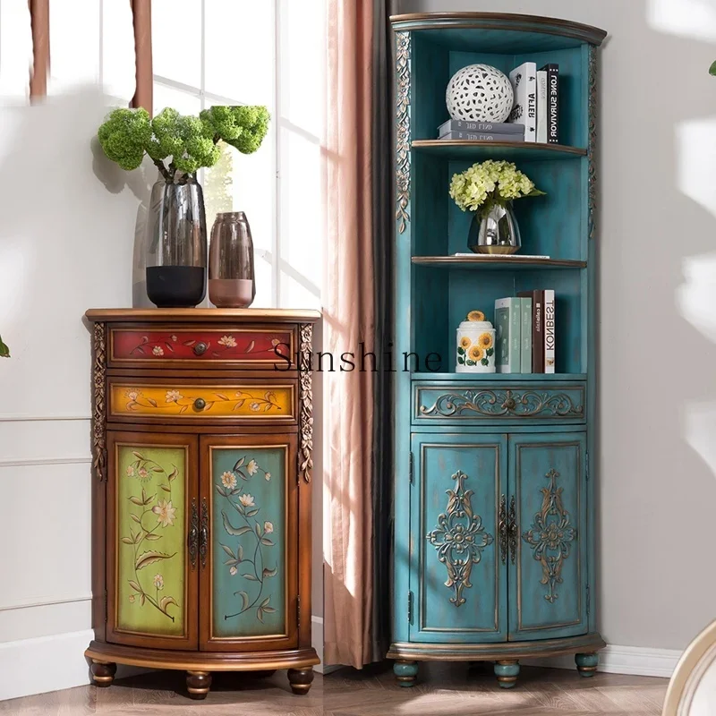 

European solid wood American painted corner locker retro carved living room