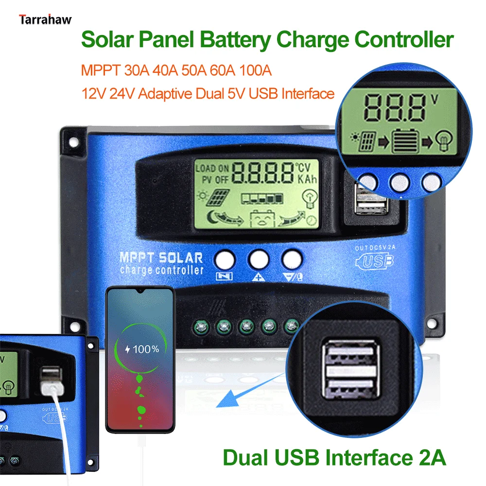 Solar Controller Battery Charge/Discharge PV Power Regulator 2 USB Auto 12V/24V 30A 40A 50A 60A 100A Solar Charge Control System