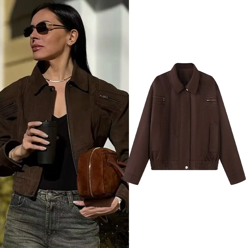 

NERHEFZ Women Bomber Jackets Autumn Suede Jacket Outerwears Women's Streetwear Holiday Women Coats Zipper Coats and Jackets