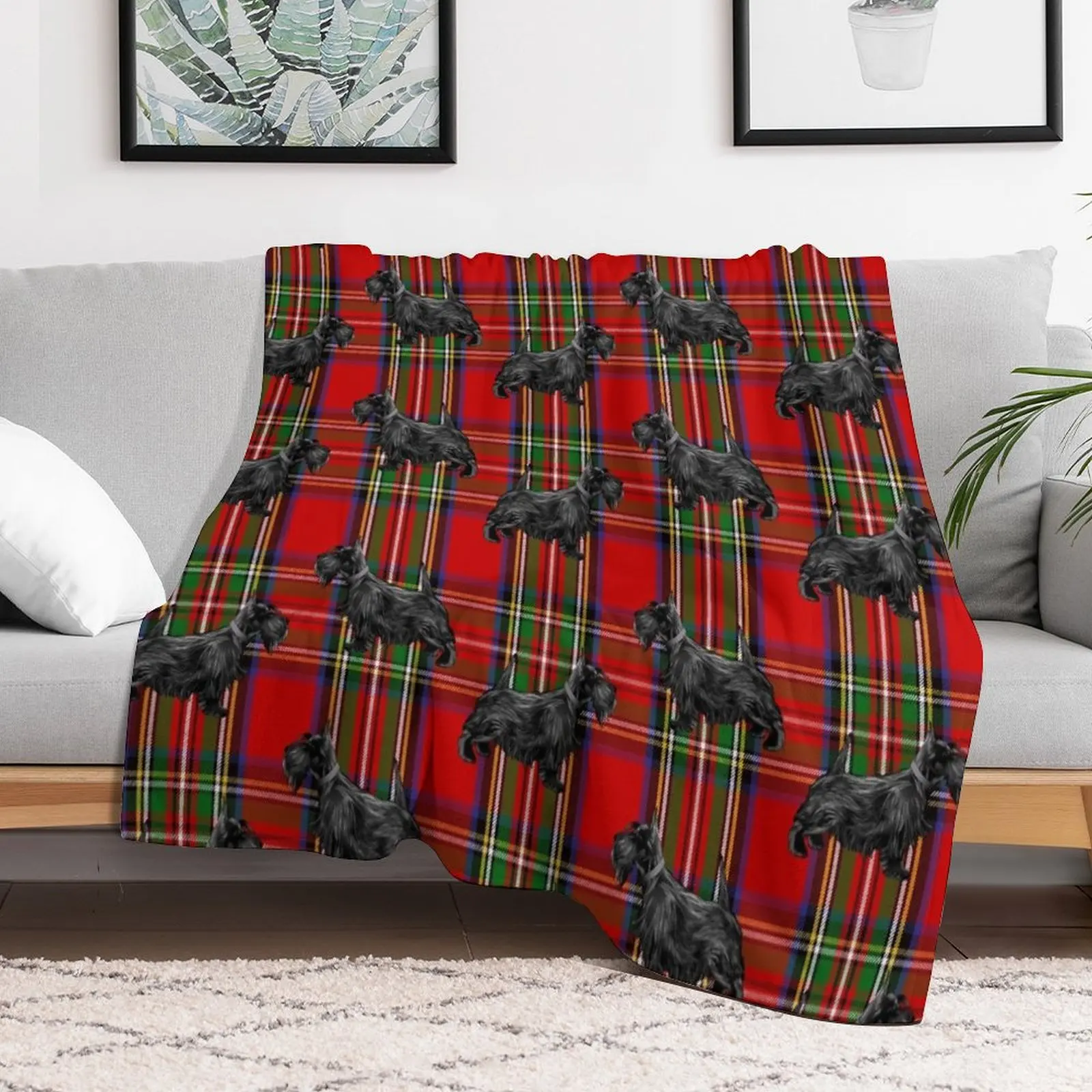 Scottie Dog on Red Scottish Tartan Throw Blanket Beach Single Blankets