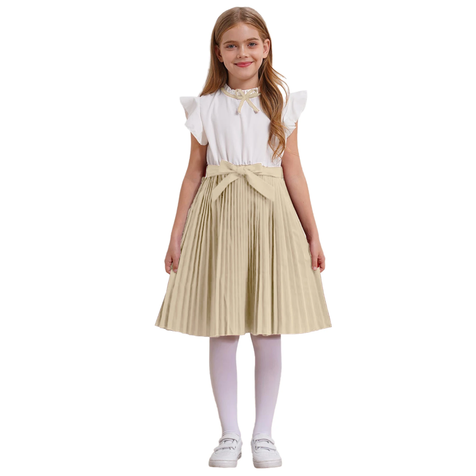 Kids Girls School Uniform Dress Korean Style Flutter Sleeve Bowknot Pleated Dress Princess Shirtdress Summer Kids' Clothing